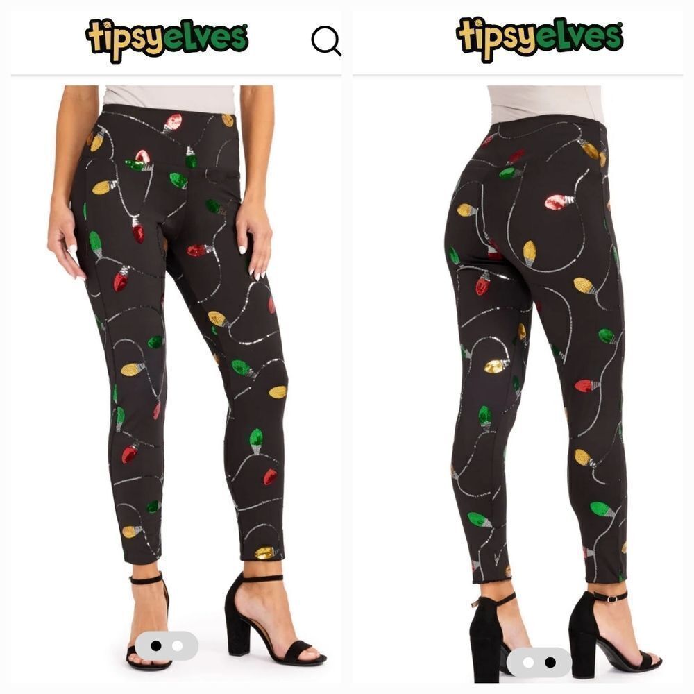 TIPSY Elves Sequins Christmas Lights High Waisted Leggings Size Small